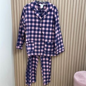 Pink and navy flannel pj set.